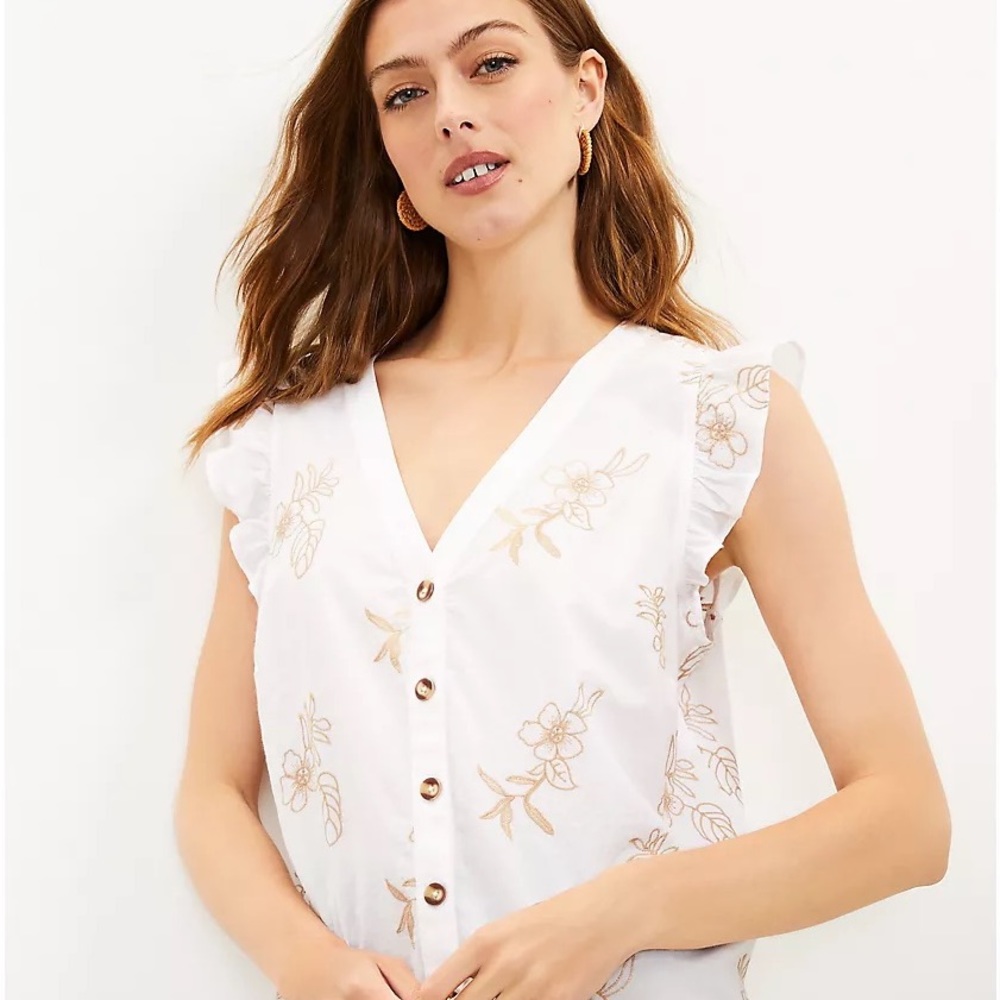 NWT LOFT White & Gold Floral Embroidered Ruffle Button Top - Size M - Picture 2 of 7